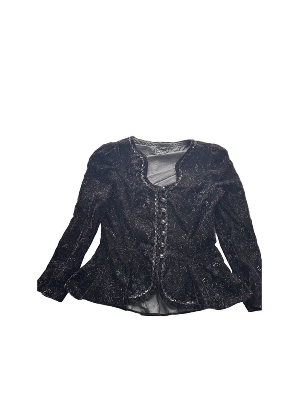 Vintage Cachet Bari Protas Black Velvet Embroidered Jacket Size L 15/16 - Picture 2 of 12